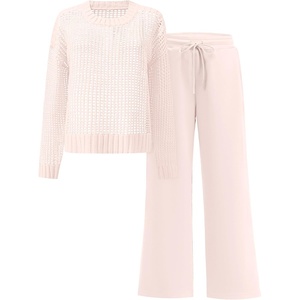 image:imageANRABESS Womens 2 Piece Outfits Crochet Sheer Knit Sweater Top Wide Leg Pants Lounge Set Sweatsuit 2026 Fall Travel ClothesBeige Pink