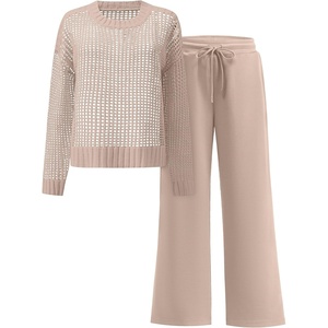 image:imageANRABESS Womens 2 Piece Outfits Crochet Sheer Knit Sweater Top Wide Leg Pants Lounge Set Sweatsuit 2026 Fall Travel ClothesLight Brown