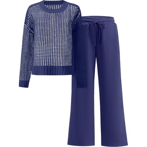 image:imageANRABESS Womens 2 Piece Outfits Crochet Sheer Knit Sweater Top Wide Leg Pants Lounge Set Sweatsuit 2026 Fall Travel ClothesNavy Blue