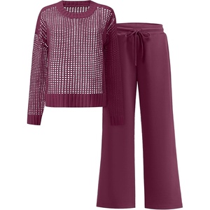 image:imageANRABESS Womens 2 Piece Outfits Crochet Sheer Knit Sweater Top Wide Leg Pants Lounge Set Sweatsuit 2026 Fall Travel ClothesWine Red