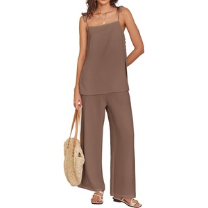 image:imageANRABESS Womens 2 Piece Summer Sets Casual Sleeveless Top and Wide Leg Pants Set Loose Loungewear Vacation Travel OutfitsBrown