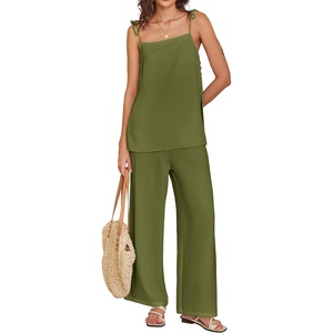 image:imageANRABESS Womens 2 Piece Summer Sets Casual Sleeveless Top and Wide Leg Pants Set Loose Loungewear Vacation Travel OutfitsOlive Green