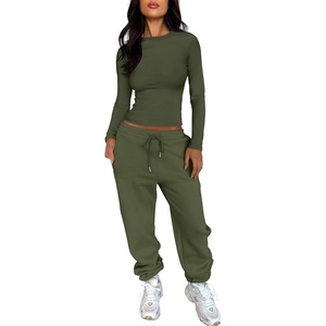 image:imageANRABESS Womens 2 Piece Sweatsuits Long Sleeve Tight Shirt Tops Joggers Fleece Sweatpants Sets 2026 Fall Sweat Lounge OutfitsArmy Green