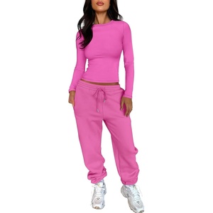 image:imageANRABESS Womens 2 Piece Sweatsuits Long Sleeve Tight Shirt Tops Joggers Fleece Sweatpants Sets 2026 Fall Sweat Lounge OutfitsHot Pink