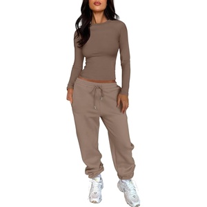 image:imageANRABESS Womens 2 Piece Sweatsuits Long Sleeve Tight Shirt Tops Joggers Fleece Sweatpants Sets 2026 Fall Sweat Lounge OutfitsKhaki