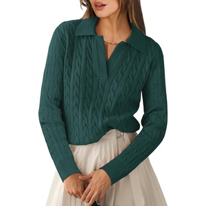 image:imageANRABESS Womens Cable Knit Sweaters Long Sleeve V Neck Sweater Tops Casual Pullover Polo Shirts Fall Fashion OutfitsDeep Green