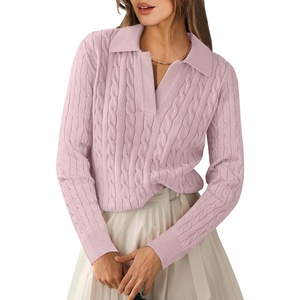 image:imageANRABESS Womens Cable Knit Sweaters Long Sleeve V Neck Sweater Tops Casual Pullover Polo Shirts Fall Fashion OutfitsPink