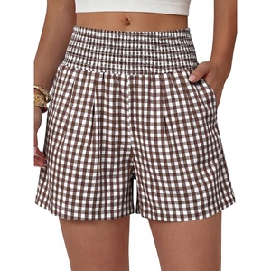 image:imageANRABESS Womens High Waisted Striped amp Gingham Shorts  Comfy Lightweight Breathable Fabric Stretchy Smocked Waist With Pockets Casual Lounge Pajama Clohtes Summer Daily WearBrown White Plaid