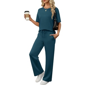 image:imageANRABESS Womens Lounge Sets 2 Piece Outfits 2026 Summer Casual Short Sleeve Sweatsuits Matching Tracksuits Wide Leg Pant SetLake Green