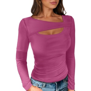 image:imageANRABESS Womens Ribbed Cutout Long Sleeve Shirts  Soft Stretch Tops Basic Layering Tees Casual Daily Wear Date Night Going Out Shirts Fall Winter Transition OutfitsHot Pink