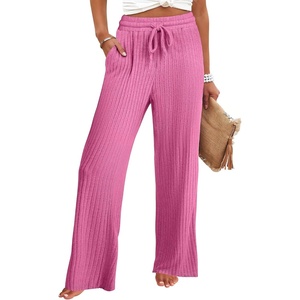 image:imageANRABESS Womens Ribbed Knit Lounge Pajama Pants Soft Fuzzy Comfy Wide Leg Drawstring Fall Loose Pj Bottoms with PocketsHot Pink