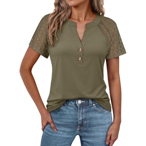 image:imageANRABESS Womens Short Sleeve Lace Top 2026 Henley V Neck Shirts Versatile Trendy Casual Office Outfits for Work amp SummerArmy Green