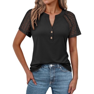 image:imageANRABESS Womens Short Sleeve Lace Top 2026 Henley V Neck Shirts Versatile Trendy Casual Office Outfits for Work amp SummerBlack