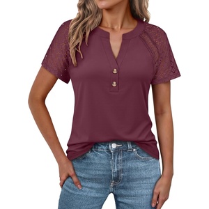 image:imageANRABESS Womens Short Sleeve Lace Top 2026 Henley V Neck Shirts Versatile Trendy Casual Office Outfits for Work amp SummerBurgundy