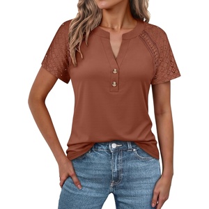 image:imageANRABESS Womens Short Sleeve Lace Top 2026 Henley V Neck Shirts Versatile Trendy Casual Office Outfits for Work amp SummerBurnt Brown