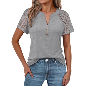 image:imageANRABESS Womens Short Sleeve Lace Top 2026 Henley V Neck Shirts Versatile Trendy Casual Office Outfits for Work amp SummerGray