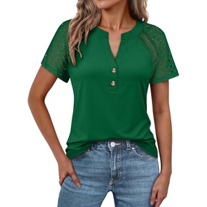 image:imageANRABESS Womens Short Sleeve Lace Top 2026 Henley V Neck Shirts Versatile Trendy Casual Office Outfits for Work amp SummerGreen