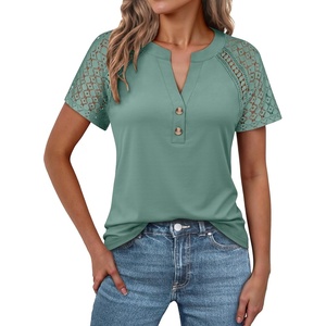 image:imageANRABESS Womens Short Sleeve Lace Top 2026 Henley V Neck Shirts Versatile Trendy Casual Office Outfits for Work amp SummerLight Green