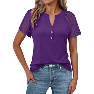 image:imageANRABESS Womens Short Sleeve Lace Top 2026 Henley V Neck Shirts Versatile Trendy Casual Office Outfits for Work amp SummerPurple