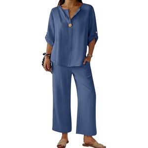 image:imageANRABESS Womens Summer 2 Piece Lounge Sets 34 Sleeve V Neck Top Wide Leg Palazzo Pants Set 2026 Beach Travel OutfitsDeep Blue
