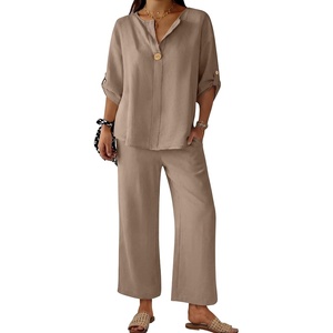 image:imageANRABESS Womens Summer 2 Piece Lounge Sets 34 Sleeve V Neck Top Wide Leg Palazzo Pants Set 2026 Beach Travel OutfitsLight Camel