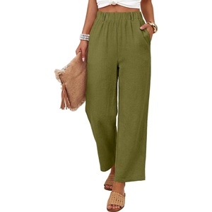 image:imageANRABESS Womens Summer PantsElastic Waist Wide Leg LightweightCasual for Office amp TravelLounge Beach Pants with PocketsOlive Green