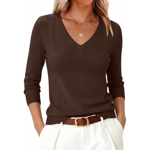 image:imageANRABESS Womens V Neck Wool Blend Knit Lightweight Sweater  Soft Long Sleeve Pullover Tops Basic Silm Fit Versatile Business Casual Office Outfits Cozy Daily Wear Fall WinterChocolate Brown