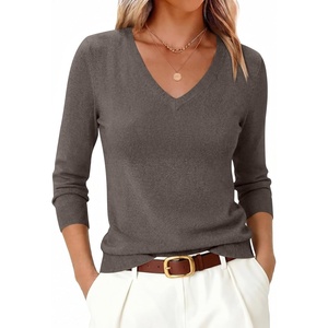 image:imageANRABESS Womens V Neck Wool Blend Knit Lightweight Sweater  Soft Long Sleeve Pullover Tops Basic Silm Fit Versatile Business Casual Office Outfits Cozy Daily Wear Fall WinterDark Taupe