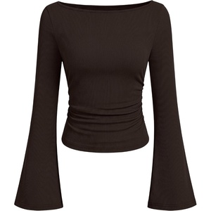 image:imageANRABESS Women Bell Long Sleeve Shirts Boat Neck Top  Flare Sleeve BlouseRuched Side Crop TeeSoft Comfy RibbedBusiness Casual OutfitsWork amp Travel Vacation amp All Day WearCoffee