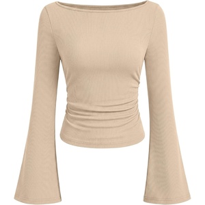 image:imageANRABESS Women Bell Long Sleeve Shirts Boat Neck Top  Flare Sleeve BlouseRuched Side Crop TeeSoft Comfy RibbedBusiness Casual OutfitsWork amp Travel Vacation amp All Day WearApricot