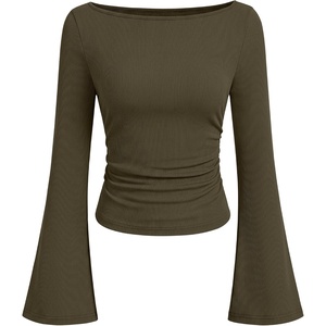 image:imageANRABESS Women Bell Long Sleeve Shirts Boat Neck Top  Flare Sleeve BlouseRuched Side Crop TeeSoft Comfy RibbedBusiness Casual OutfitsWork amp Travel Vacation amp All Day WearArmy Green