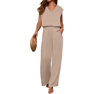 image:imageANRABESS Women Summer 2 Piece Outfits VNeck Top and Wide Leg Pants Set Comfy AllDay Wear for Lounge amp Daily Travel SetsApricot