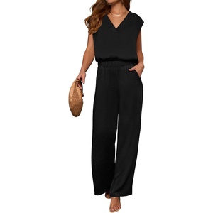 image:imageANRABESS Women Summer 2 Piece Outfits VNeck Top and Wide Leg Pants Set Comfy AllDay Wear for Lounge amp Daily Travel SetsBlack