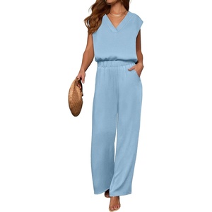 image:imageANRABESS Women Summer 2 Piece Outfits VNeck Top and Wide Leg Pants Set Comfy AllDay Wear for Lounge amp Daily Travel SetsBright Blue