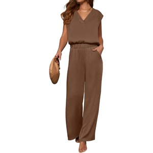 image:imageANRABESS Women Summer 2 Piece Outfits VNeck Top and Wide Leg Pants Set Comfy AllDay Wear for Lounge amp Daily Travel SetsBrown