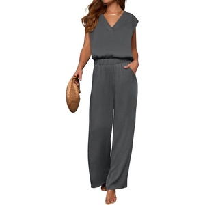 image:imageANRABESS Women Summer 2 Piece Outfits VNeck Top and Wide Leg Pants Set Comfy AllDay Wear for Lounge amp Daily Travel SetsDark Gray