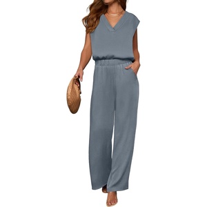 image:imageANRABESS Women Summer 2 Piece Outfits VNeck Top and Wide Leg Pants Set Comfy AllDay Wear for Lounge amp Daily Travel SetsGrey Blue