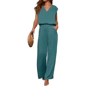 image:imageANRABESS Women Summer 2 Piece Outfits VNeck Top and Wide Leg Pants Set Comfy AllDay Wear for Lounge amp Daily Travel SetsLake