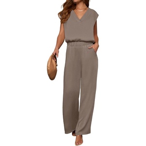 image:imageANRABESS Women Summer 2 Piece Outfits VNeck Top and Wide Leg Pants Set Comfy AllDay Wear for Lounge amp Daily Travel SetsLight Camel