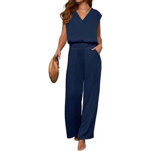 image:imageANRABESS Women Summer 2 Piece Outfits VNeck Top and Wide Leg Pants Set Comfy AllDay Wear for Lounge amp Daily Travel SetsNavy Blue