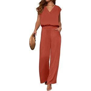 image:imageANRABESS Women Summer 2 Piece Outfits VNeck Top and Wide Leg Pants Set Comfy AllDay Wear for Lounge amp Daily Travel SetsOrange Red