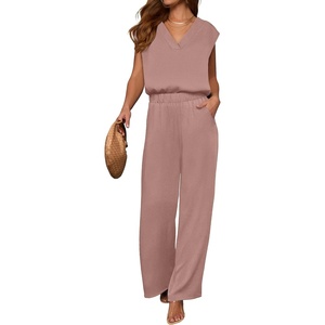 image:imageANRABESS Women Summer 2 Piece Outfits VNeck Top and Wide Leg Pants Set Comfy AllDay Wear for Lounge amp Daily Travel SetsPink