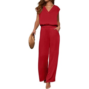 image:imageANRABESS Women Summer 2 Piece Outfits VNeck Top and Wide Leg Pants Set Comfy AllDay Wear for Lounge amp Daily Travel SetsRed