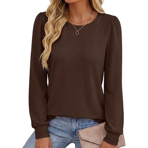 image:imageANRABESS Womens Long Sleeve Waffle Knit Basic Shirts  Soft Comfy Loose Fit Tunic Crew Neck Curved Hem Business Casual Dressy Blouses Trendy Fall Winter OutfitsBrown