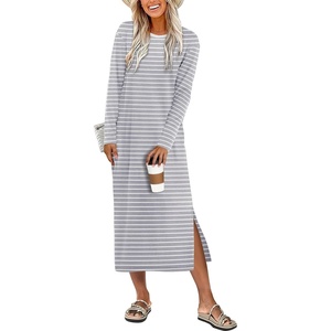 image:imageANRABESS Long Sleeve Midi Dresses for Women  Comfy Soft T Shirt Dress Crewneck Split Striped Loose Fit Casual Vacation Daily Wear Fall Winter Transition ClothesGrey White Stripe