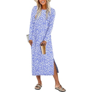 image:imageANRABESS Long Sleeve Midi Dresses for Women  Comfy Soft T Shirt Dress Crewneck Split Striped Loose Fit Casual Vacation Daily Wear Fall Winter Transition ClothesFloral Blue White