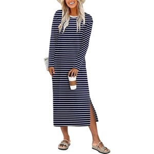 image:imageANRABESS Long Sleeve Midi Dresses for Women  Comfy Soft T Shirt Dress Crewneck Split Striped Loose Fit Casual Vacation Daily Wear Fall Winter Transition ClothesBlue White Stripe