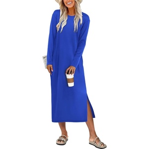 image:imageANRABESS Long Sleeve Midi Dresses for Women  Comfy Soft T Shirt Dress Crewneck Split Striped Loose Fit Casual Vacation Daily Wear Fall Winter Transition ClothesRoyal Blue