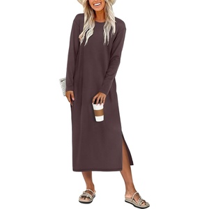 image:imageANRABESS Long Sleeve Midi Dresses for Women  Comfy Soft T Shirt Dress Crewneck Split Striped Loose Fit Casual Vacation Daily Wear Fall Winter Transition ClothesCoffee