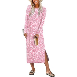 image:imageANRABESS Long Sleeve Midi Dresses for Women  Comfy Soft T Shirt Dress Crewneck Split Striped Loose Fit Casual Vacation Daily Wear Fall Winter Transition ClothesFloral Pink White